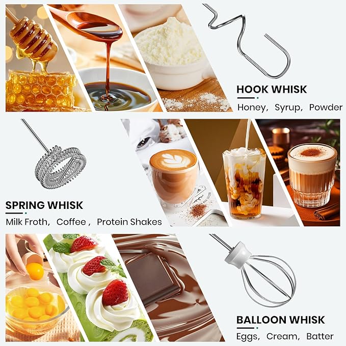 Milk Frother Handheld Rechargeable, Frother Wand Drink Mixer Electric Whisk for Coffee, Detachable With 3 Stainless Whisks, Hand Mixer for Lattes, Cappuccino, Matcha, Egg, No Stand, Silver