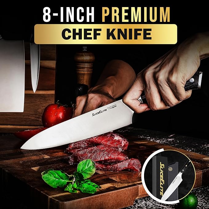 SliceElite Slice Series 8 Inch Chef Knife High Carbon German Steel Blade Pakkawood Handle with Polymer Blade Guard Professional Sharp Kitchen Knife for Meat Cutting Vegetable BBQ Cooking Chopping