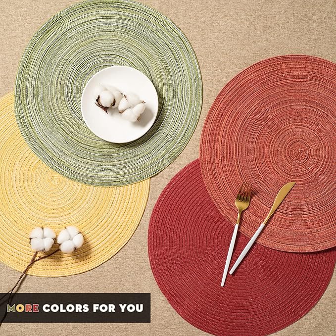 FunWheat Round Braided Placemats Set of 4 Place mats for Dining Tables Woven Heat Resistant Table Mats 15 inch (E Yellow, 4pcs)