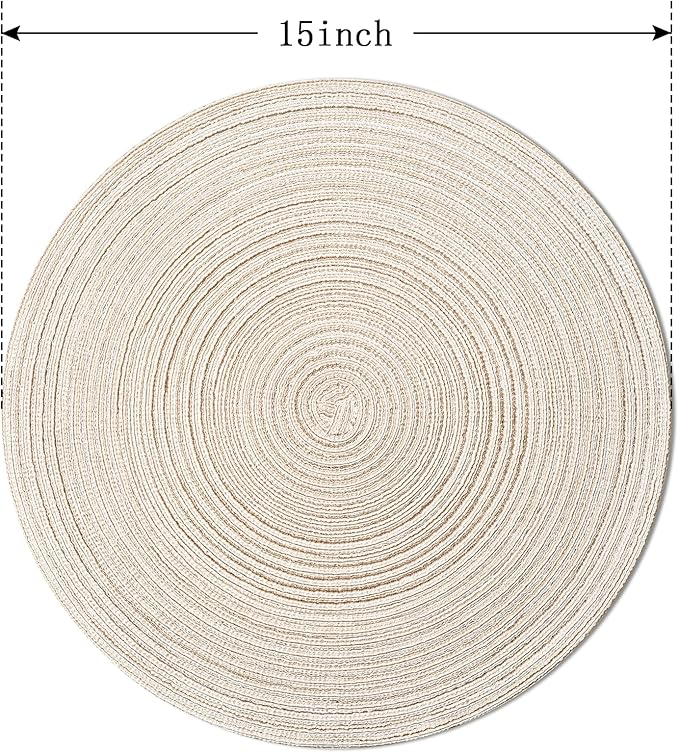 FunWheat Round Braided Placemats Set of 8 Place mats for Dining Tables Woven Heat Resistant Table Mats 15 inch (E Beige, 8pcs)