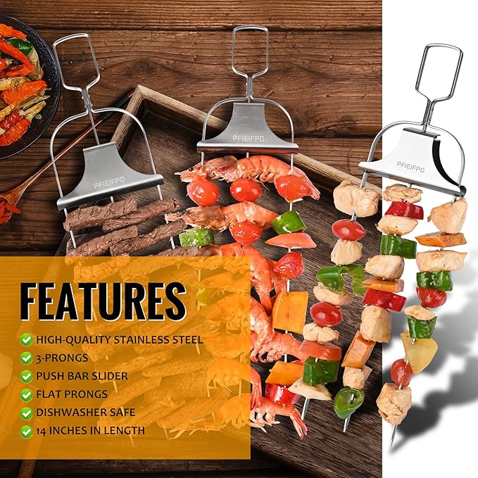 3PCS Grilling Savant 3 Way Skewers,14 Inch Metal Skewers for Grilling,Easy to Use Push Bar Slider, BBQ Accessory, Perfect for Meat,Veggies,Fruits,Marshmallow Roasting Sticks Grill Kabob Skewer.