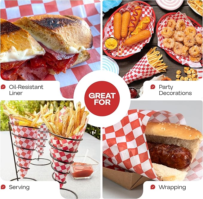 Red Checkered Deli Paper Sheets, 12" x 12" (100 pcs) - USA-Made Premium Food Basket Liners - PFAS-free Grease Resistant Deli Paper Sheets for Food, Snack & Baking Wrap, Picnic & Party by IDL Packaging