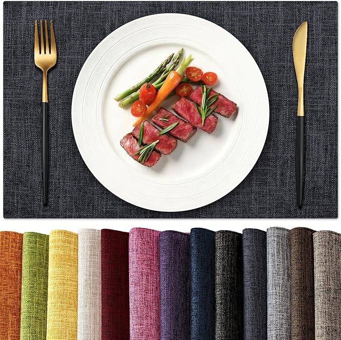 KXN Placemats Set of 4, Dual-Layer Thickened Faux Linen Table Mats, Heat Resistant & Wrinkle-Free, Machine Washable Cloth Place Mats for Kitchen Dining Indoor Outdoor (Dark Grey)