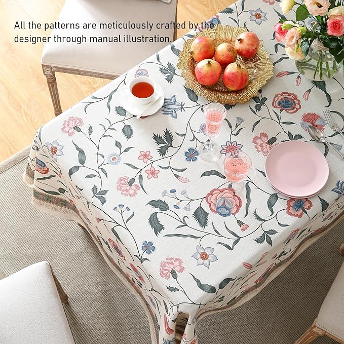 ISAENNE Designer Chinoiserie Linen Floral Extra Long Tablecloth Rectangle,White Wrinkle Resistant Table Cloth,Elegant Decor Tablecloths for Dining Thanksgiving Kitchen Party,67"*118"-Daffy
