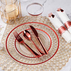 Goodluck 700 Piece Red Plastic Dinnerware Set for Party, Clear Disposable Plates for 100 Guests, Include: 100 Dinner Plates, 100 Dessert Plates, 100 Pre Rolled Napkins with Cutlery Set, 100 Cups