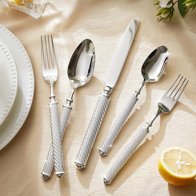 KINGSTONE Retro Rope-Pattern Silverware Set, 40-Piece Flatware Set Cutlery Set Forged with Handcrafted Texture Handles 18/10 Stainless Steel, Dishwasher Safe