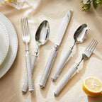 KINGSTONE Retro Rope-Pattern Silverware Set, 5-Piece Flatware Set Cutlery Set Forged with Handcrafted Texture Handles 18/10 Stainless Steel, Dishwasher Safe