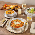 AmorArc Ceramic Dinnerware Sets with Pasta Bowls for 4, Handpainted Plates and Bowls Set with Rustic Terracotta Underside, Scratch Resistant Dishes Set, Dishwasher & Microwave Safe, 16 Pcs-White