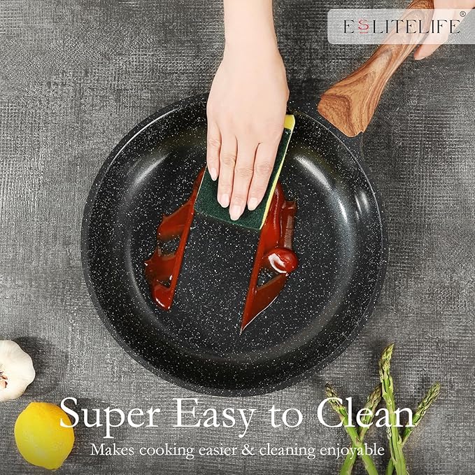 ESLITE LIFE Nonstick Ceramic Frying Pan Skillet with Lid, Non-Toxic Egg Omelette Kitchen Cooking Pans Compatible with All Stovetops (Gas, Electric & Induction), PTFE & PFOA Free (Black, 11" w/Lid)