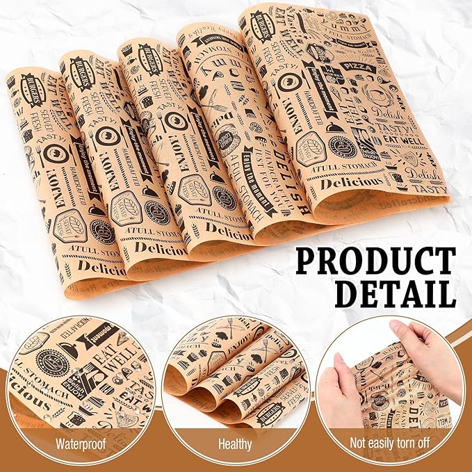 Outus 600 Pcs 8 x 10 inch Deli Wax Paper Sheets Grease Resistant Tray Basket Liners Newsprint Paper Water and Grease Proof Sandwich Wrapping Square Hot Dog Wrappers for Food Baking(Brown)