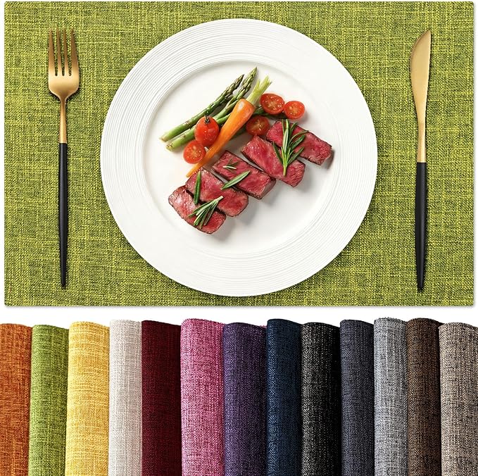 KXN Placemats Set of 4, Dual-Layer Thickened Faux Linen Table Mats, Heat Resistant & Wrinkle-Free, Machine Washable Cloth Place Mats for Kitchen Dining Indoor Outdoor (Green)