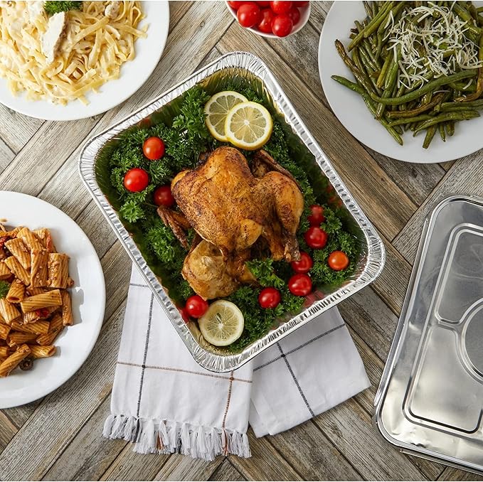Aluminum Pans With Lids 9x13 [10 Sets] Aluminum Foil Pans Trays With Lids - Half Size Tin Foil Disposable Pans For Baking, Cake Serving Dishes, Roasting, Heating, Serving & Lining Steam-Table Trays