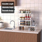 Expandable Kitchen Cabinet Storage Shelf, Stackable Metal Pantry Storage Shelves Organizer, Adjustable Height Counter Spice Rack for Kitchen Cabinet, Countertop, Pantry and Office