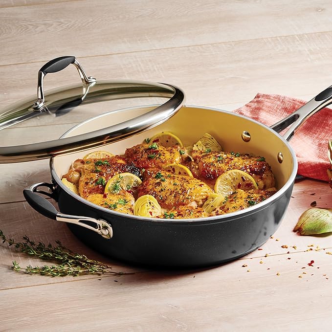 Tramontina Gourmet Ceramica Deluxe Aluminum Deep Skillet with Lid, Non Stick Frying Pan with Ceramic Interior, 11-inch, Metallic Black, Made in Italy