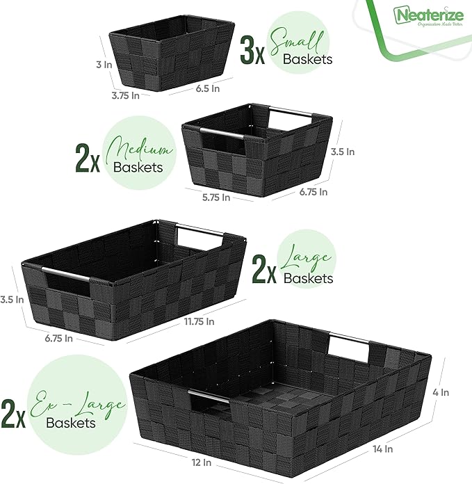 Baskets For Organizing Set Of 9 Black - Storage Baskets For Shelves - Perfect Closet Organizer Bins, Bathroom Basket, and Pantry Basket - Small Storage Bins For Shelves - Bin For Organization