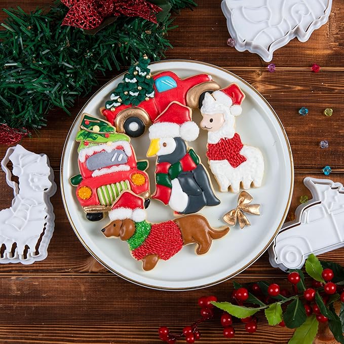 Flycalf Christmas Cookie Cutters Truck With Christmas Tree Shapes Fall Holiday PLA Baking Accessories Cutter Molds Gifts for Kids Decorative Party 3.5" Kitchen Cake Supplies
