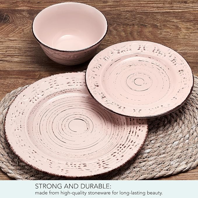 Pfaltzgraff Trellis Pink 12 Piece Dinnerware Plate Bowl Set, Service for 4
