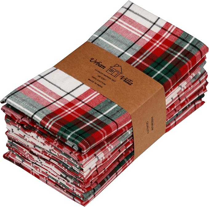 Urban Villa Cloth Napkins (Set of 12) 20x20 Inches 100% Cotton Dinner Napkins Hotel Quality Reusable & Washable Table Dinner Napkins for Home & Weddings -(Christ Checks)