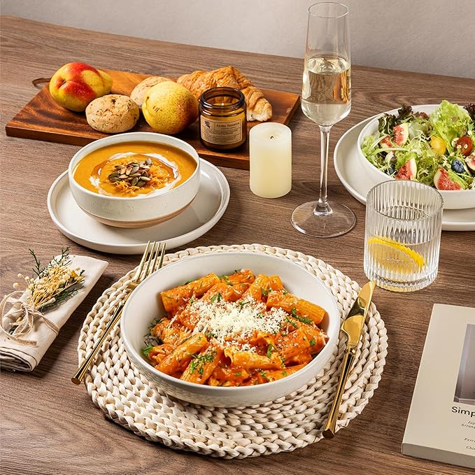 AmorArc Ceramic Dinnerware Sets for 6, 18 Pieces Handpainted Plates and Bowls Set with Rustic Terracotta Underside, Scratch Resistant Stoneware Dishes Set, Dishwasher & Microwave Safe,Light Beige