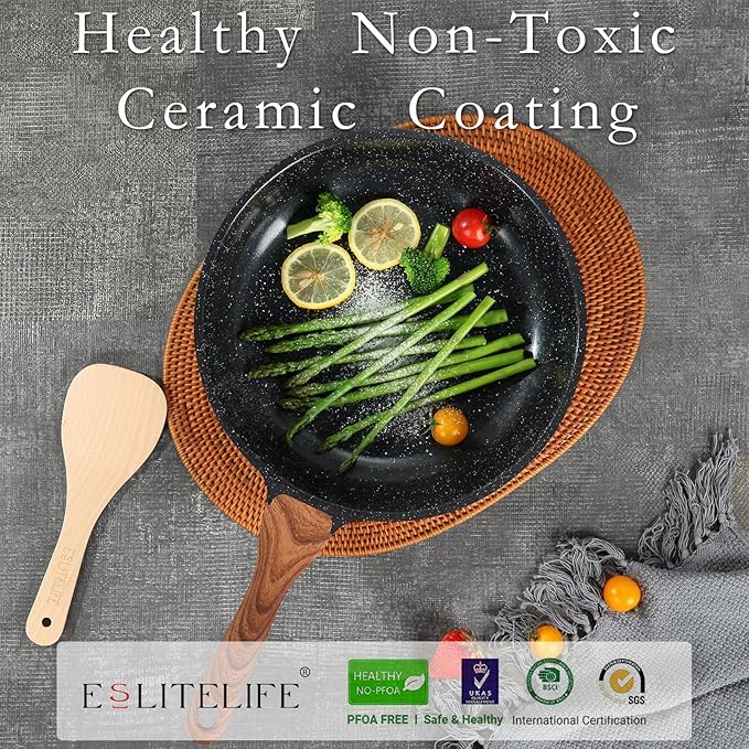 ESLITE LIFE Nonstick Ceramic Frying Pan Skillet with Lid, Non-Toxic Egg Omelette Kitchen Cooking Pans Compatible with All Stovetops (Gas, Electric & Induction), PTFE & PFOA Free (Black, 8" w/Lid)