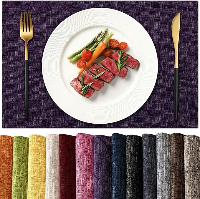 KXN Placemats Set of 4, Dual-Layer Thickened Faux Linen Table Mats, Heat Resistant & Wrinkle-Free, Machine Washable Cloth Place Mats for Kitchen Dining Indoor Outdoor (Purple)
