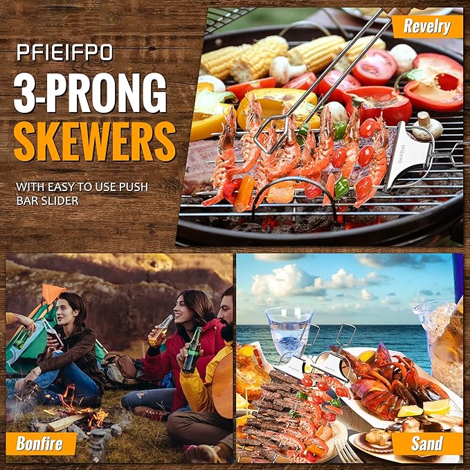 3PCS Grilling Savant 3 Way Skewers,14 Inch Metal Skewers for Grilling,Easy to Use Push Bar Slider, BBQ Accessory, Perfect for Meat,Veggies,Fruits,Marshmallow Roasting Sticks Grill Kabob Skewer.