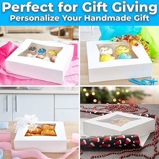 Gourmet 10in White Bakery Box 1 Pack/SINGLE BOX. Cute Window Display for Pies, Cakes, Cupcakes, Pastries. Transport Baked Goods With a Sturdy Carrier. Give Sweet Holiday Gifts at Work or School