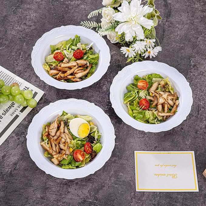 DaYammi 50 Pack Plastic Bowls, 12oz Disposable Soup Bowls, Heavy Duty Dinner Bowls for Weddings, Parties, Dinners, Catering and Everyday Use