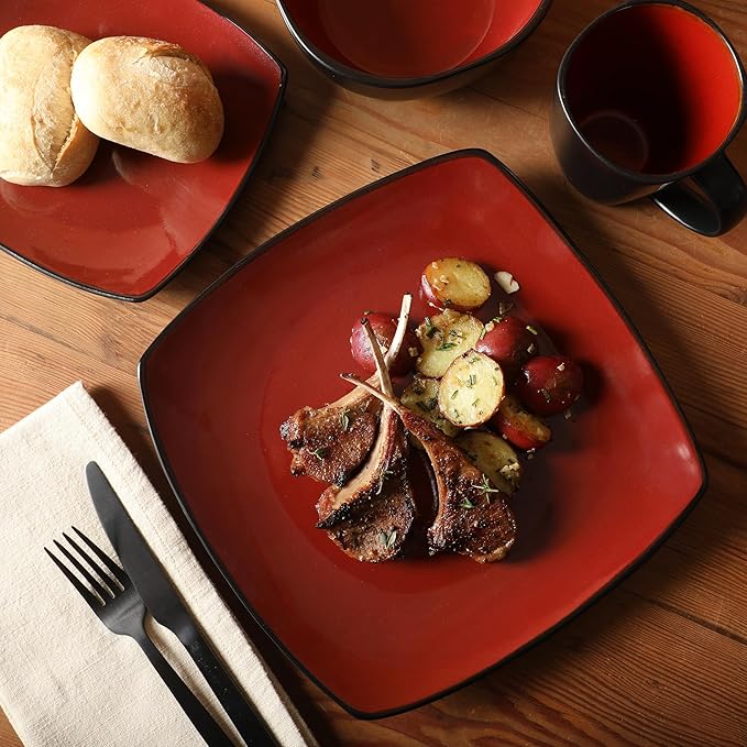 Gibson Soho Lounge Square Reactive Glaze Dinnerware Set, Red, Service for 4 (16pcs)