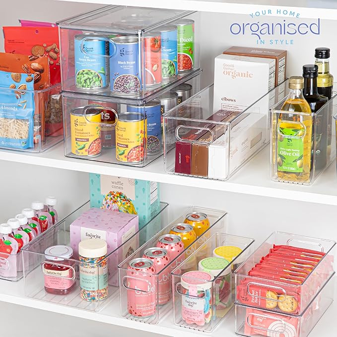Plastic Food Storage 4 Pack Clear Container Bin with Handles for Organizing Kitchen, Pantry, Fridge, Freezer, Pantry, Bathroom. 14"x6"5"