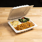 TIYA Clamshell Food Containers - 3-Compartment To-Go Containers - Microwavable Plastic with Hinged Lid - Great for Meal Prep (Bulk 150 Pack, White, 9x9 in) - BPA-Free