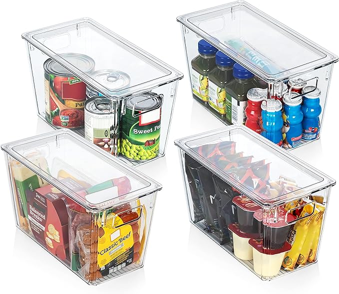 ClearSpace Modern Plastic Storage Bins with Lids – Perfect Kitchen Organization or Pantry Fridge Organizer, 4 Pack, 12.5" x 6" x 7", 9L Capacity Each, BPA Free, Stackable