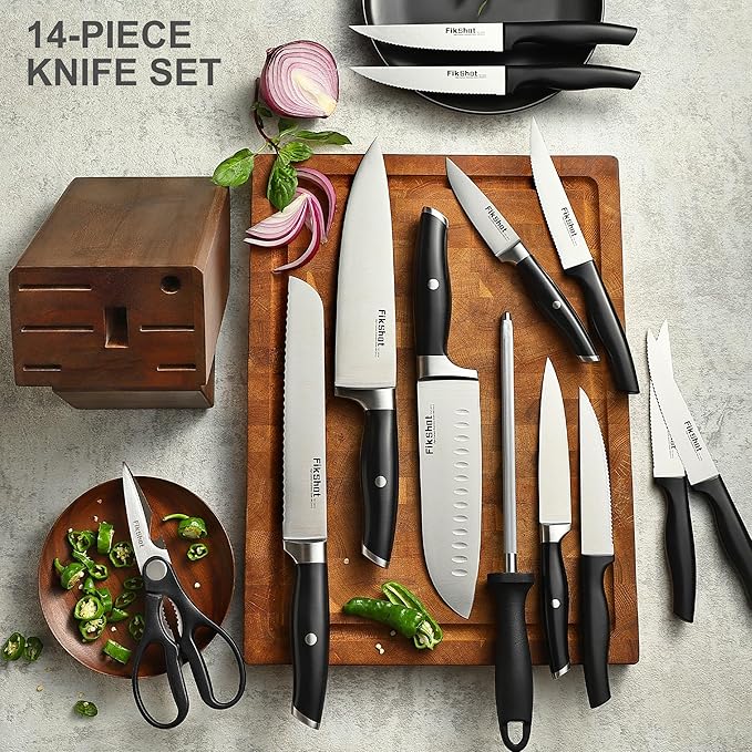 Knife Block Set, FIKSHOT Kitchen Knife Sets, High Carbon Stainless Steel Full Tang Knife set, Razor-Sharp Blade Rust Resistant, Professional Chef's Knife for Home Cooking (BLACK)