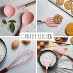 Country Kitchen Non Stick Silicone Utensil Set with Rounded Wood Handles for Cooking and Baking, 8 Piece Set, Pink
