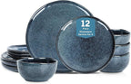 Stone Lain Mirella 12-Piece Stoneware Dinnerware Set, Service for 4, Reactive Glaze, Deep Blue – Includes Dinner Plates, Salad Plates, and Bowls – Modern Artisanal Design