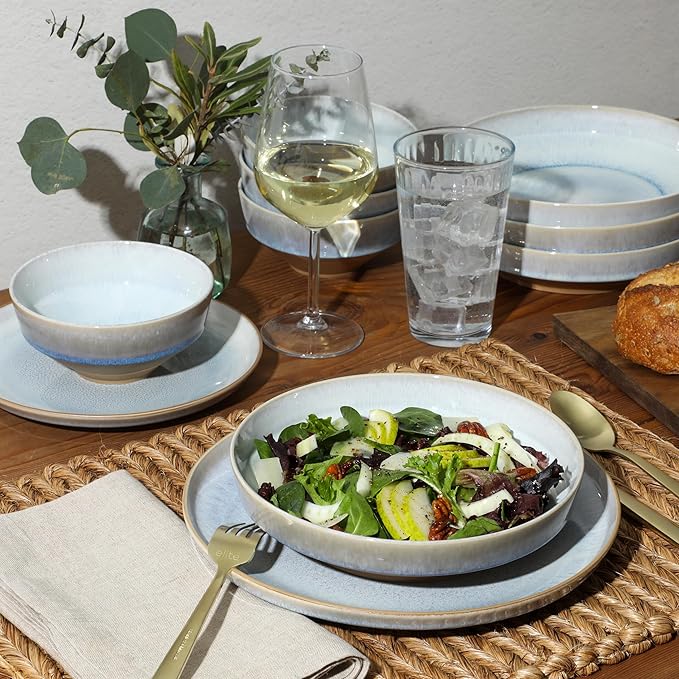 Gibson Elite Hailstone 16 Piece Stoneware Reactive Glaze (Service for 4) Ceramic Plates and Bowls Dinnerware Set - Moon Blue