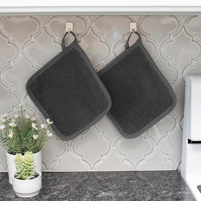 RITZ Terry Potholder & Hot Pad: Unparalleled Heat Resistant, Durable 100% Cotton – Ergonomically Designed for Optimal Grip – Easy-Care Machine Washable – 4-Pack, Titanium/Graphite