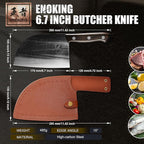 ENOKING Butcher Knife for Meat Cutting, 6.6 Inch HandForged Meat Cleaver Knife Heavy Duty Bone Chopper, High Manganese Steel Serbian Chef Knife with Leather Sheath and Full Tang Handle (Brown Handle)