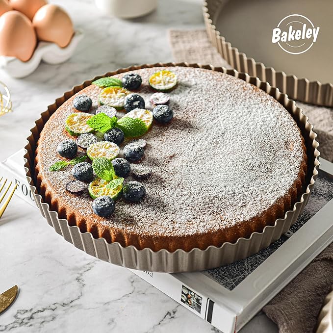 Tart Pan Set, 3 Nonstick Round Quiche Pan, 12 Inch, 10 Inch, 8 Inch Fruit Tart Pan, Flueted Pie Pan Solid Bottom (Champagne Gold)