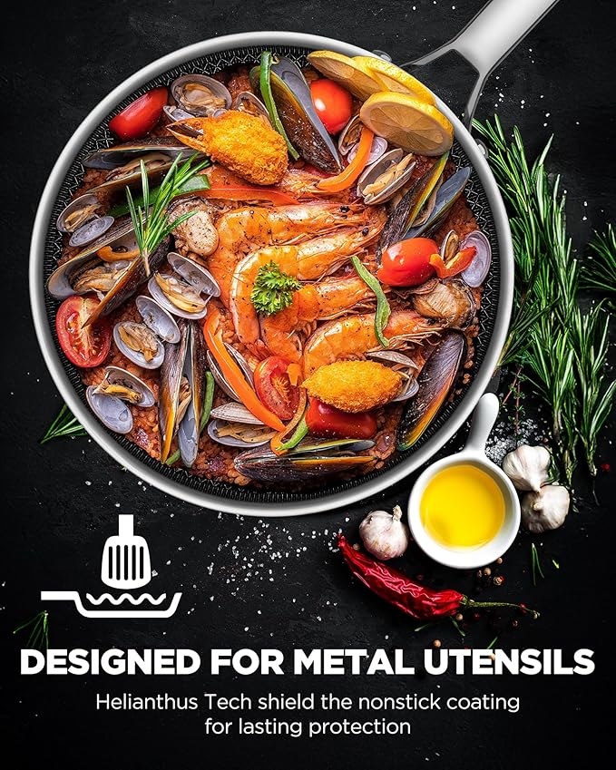 Non Stick Frying Pans Hybrid Ceramic With Lid, 12 Inch Tri-Ply Stainless Steel Skillet, Non-Toxic, PFAS/PFOA/PTFE Free, Metal Utensil Safe, Dishwasher & Oven Safe, Induction Compatible