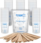TCP Global 20 oz. (600ml) Graduated Plastic Mixing Cups - Box of 100 with 50 Mixing Sticks - Disposable Plastic Measuring Cups for Liquids, Paints, Resin, Epoxy, Art, Kitchen - Ratios 2-1, 3-1, 4-1 ML