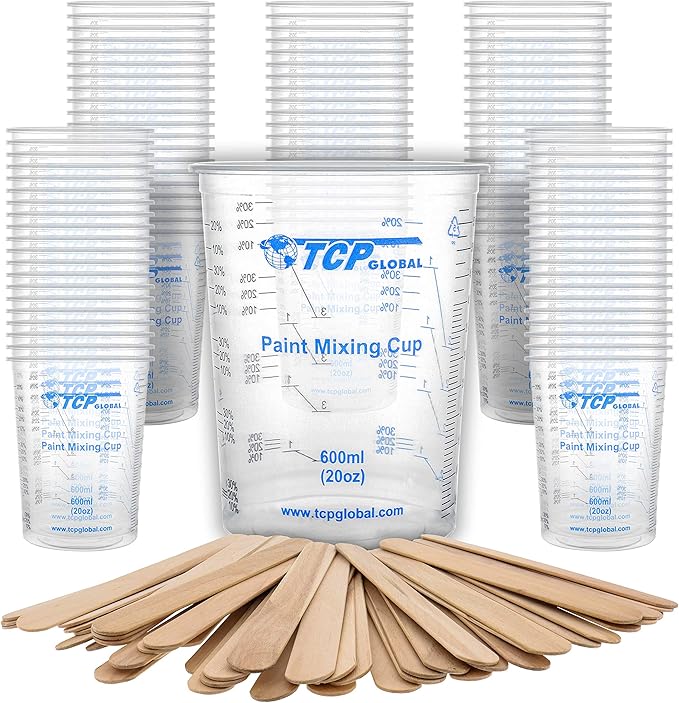 TCP Global 20 oz. (600ml) Graduated Plastic Mixing Cups - Box of 100 with 50 Mixing Sticks - Disposable Plastic Measuring Cups for Liquids, Paints, Resin, Epoxy, Art, Kitchen - Ratios 2-1, 3-1, 4-1 ML