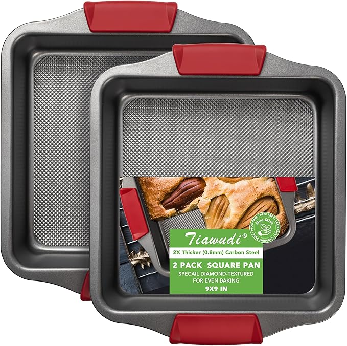 Tiawudi 9" Square Cake Pan Set of 2, 0.8mm Thick Heavy Duty Bakeware with Diamond Texture for Even Heating, Nonstick Baking Pan for Bread, Brownies & Lemon Bars, Cake Mold with Silicone Grip Handles