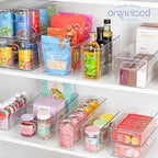 Plastic Food Storage 4 Pack Clear Container Bin with Handles for Organizing Kitchen, Pantry, Refrigerator, Freezer, Pantry, Cabinet, Closet, Bathroom. 14”x8”x5”