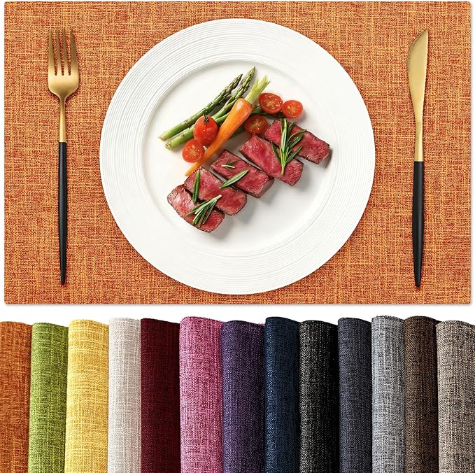KXN Thanksgiving Placemats Set of 8, Dual-Layer Thickened Faux Linen Table Mats, Heat Resistant & Wrinkle-Free, Machine Washable Cloth Place Mats for Kitchen Dining Indoor Outdoor (Orange)