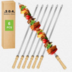 21.5" Long 304 Stainless Steel Skewers for Grilling with Wood Handle,Wide Flat Metal Skewers for Kabobs,Kabob Skewer,BBQ Barbecue Skewer Reusable for Outdoor Grill（6 PCS）