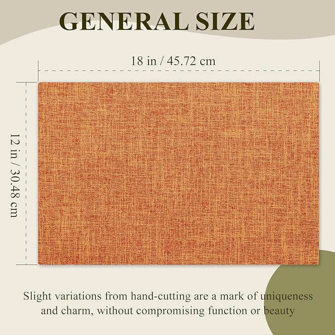KXN Thanksgiving Placemats Set of 6, Dual-Layer Thickened Faux Linen Table Mats, Heat Resistant & Wrinkle-Free, Machine Washable Cloth Place Mats for Kitchen Dining Indoor Outdoor (Orange)