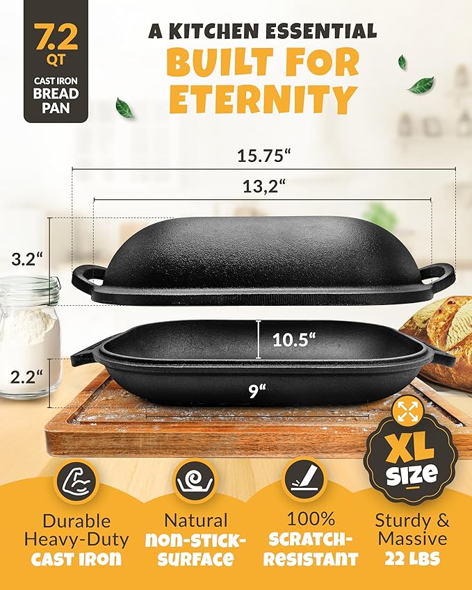 Cast Iron Bread-Pan with Lid - incl. Sourdough Bread Baking Supplies - like Banneton Bread-Proofing Basket - 7.2QT Bread-Oven Dutch, Oven for Bread-Baking Cast Iron Pan Scoring Tool Lame Kit
