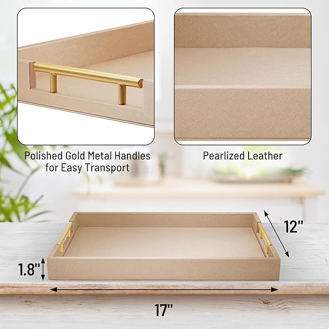 17" x 12" Wood Serving Tray with Gold Polished Metal Handles, Home Decorative Wooden Rectangle Ottoman Leather Decor Platter Bathroom Vanity Tray for All Occasions Khaki