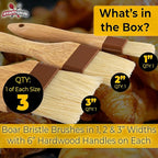 Durable, Hardwood 1, 2, 3in Boar Bristle Pastry Brush Set. Grill and Kitchen Flat Brushes for Basting Meat, Spreading Butter, BBQ Sauce or Marinades. Chef Quality Cooking, Baking or Grilling Tools